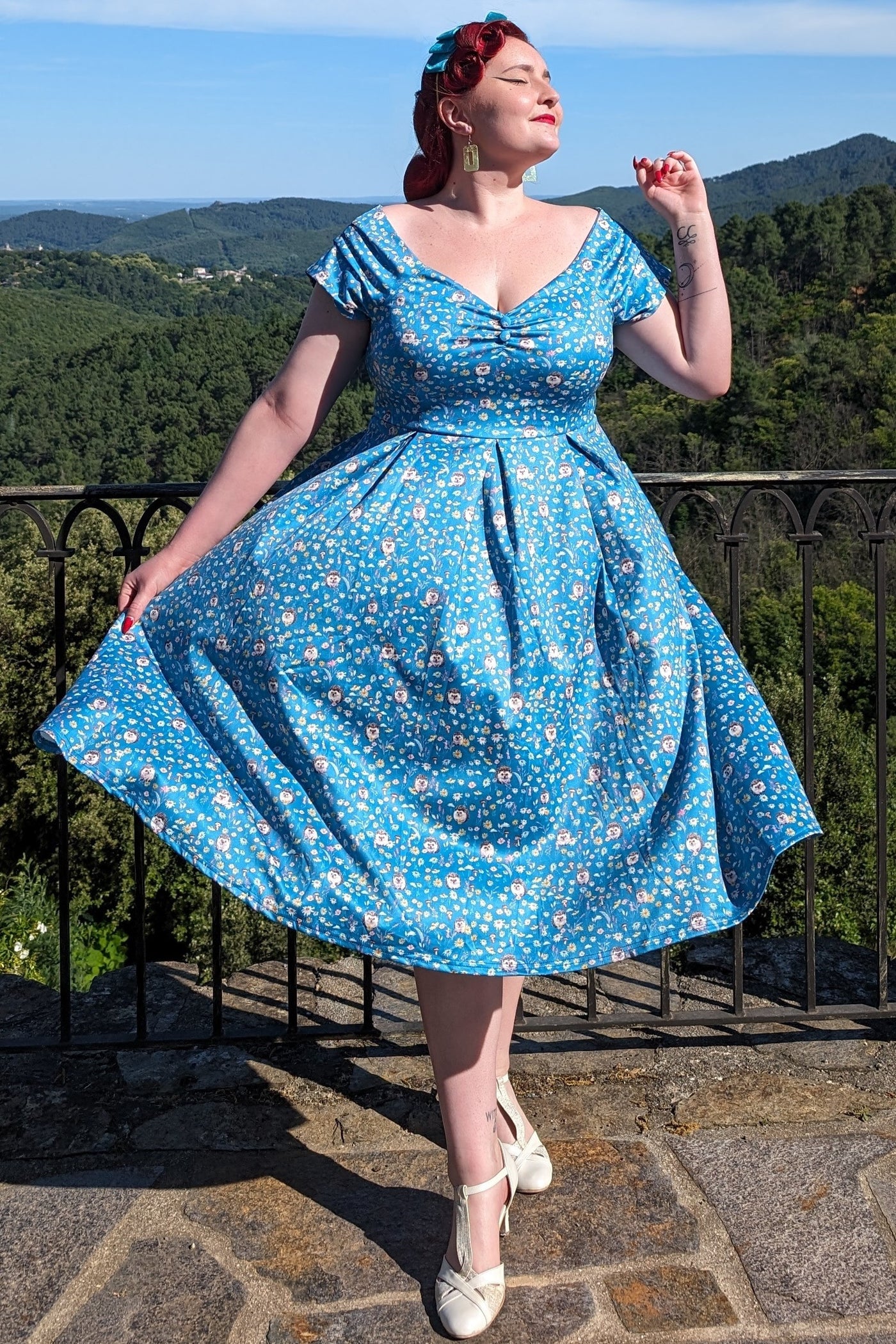 Model wearing Hedgehogs Blue Off Shoulder Dress