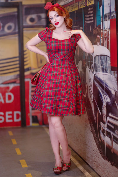 A model wearing Highland Red Tartan Swing Dress