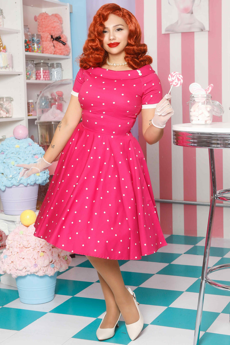 Model photo of Hot Pink Polka Dot Swing Dress