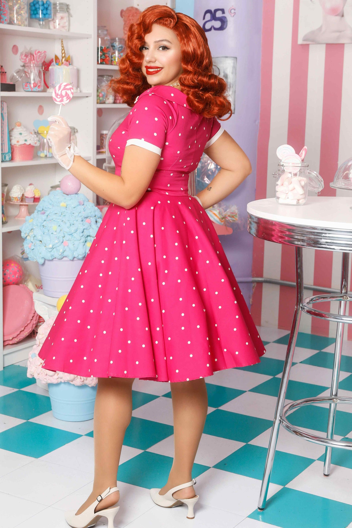 Model photo of Hot Pink Polka Dot Swing Dress