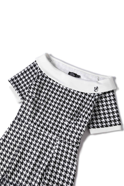 Close up view of Houndstooth Fitted Off Shoulder Dress