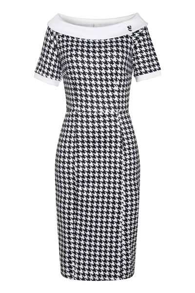 Front view of Houndstooth Fitted Off Shoulder Dress