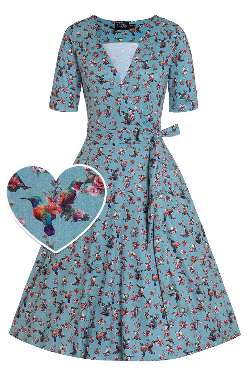 Front View of Hummingbird Blue Wrap Dress