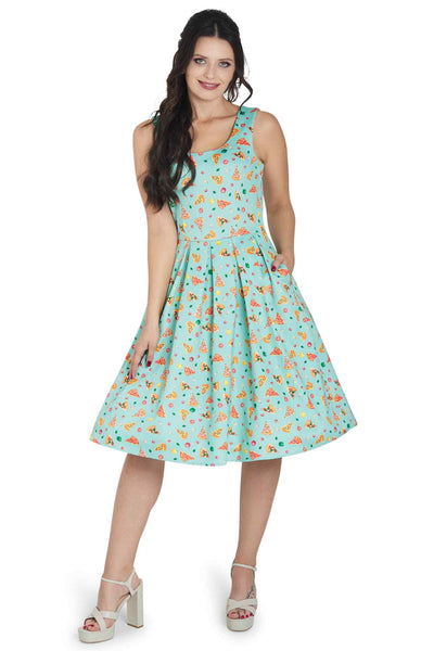 Model wearing Light Blue Pizza Swing Dress