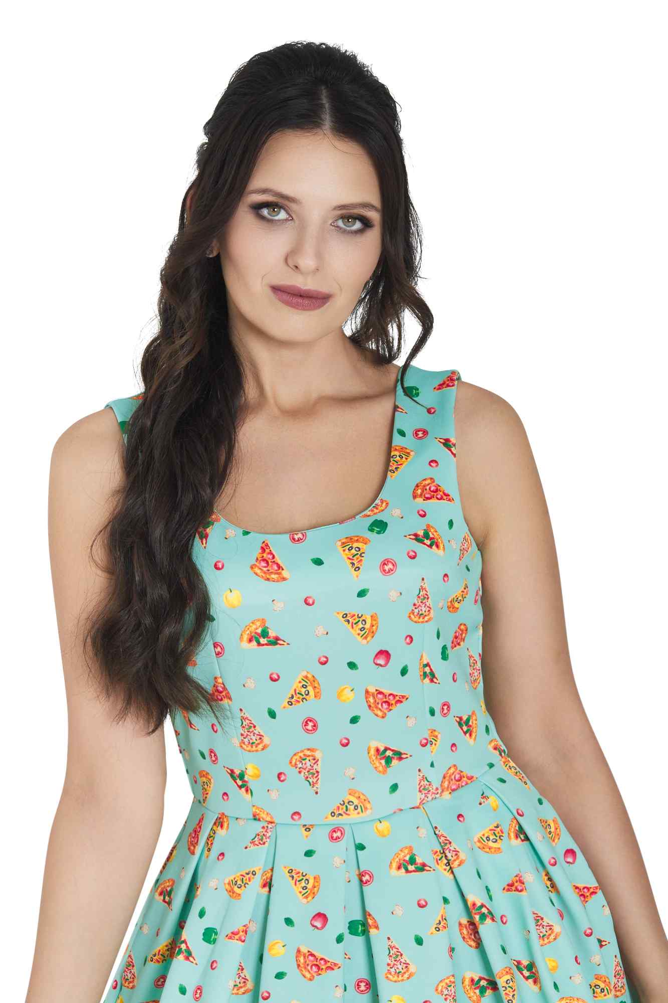 Model wearing Light Blue Pizza Swing Dress