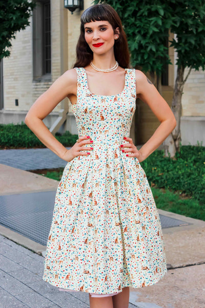 Ivory Cream Flared Dress in Cat Floral Print