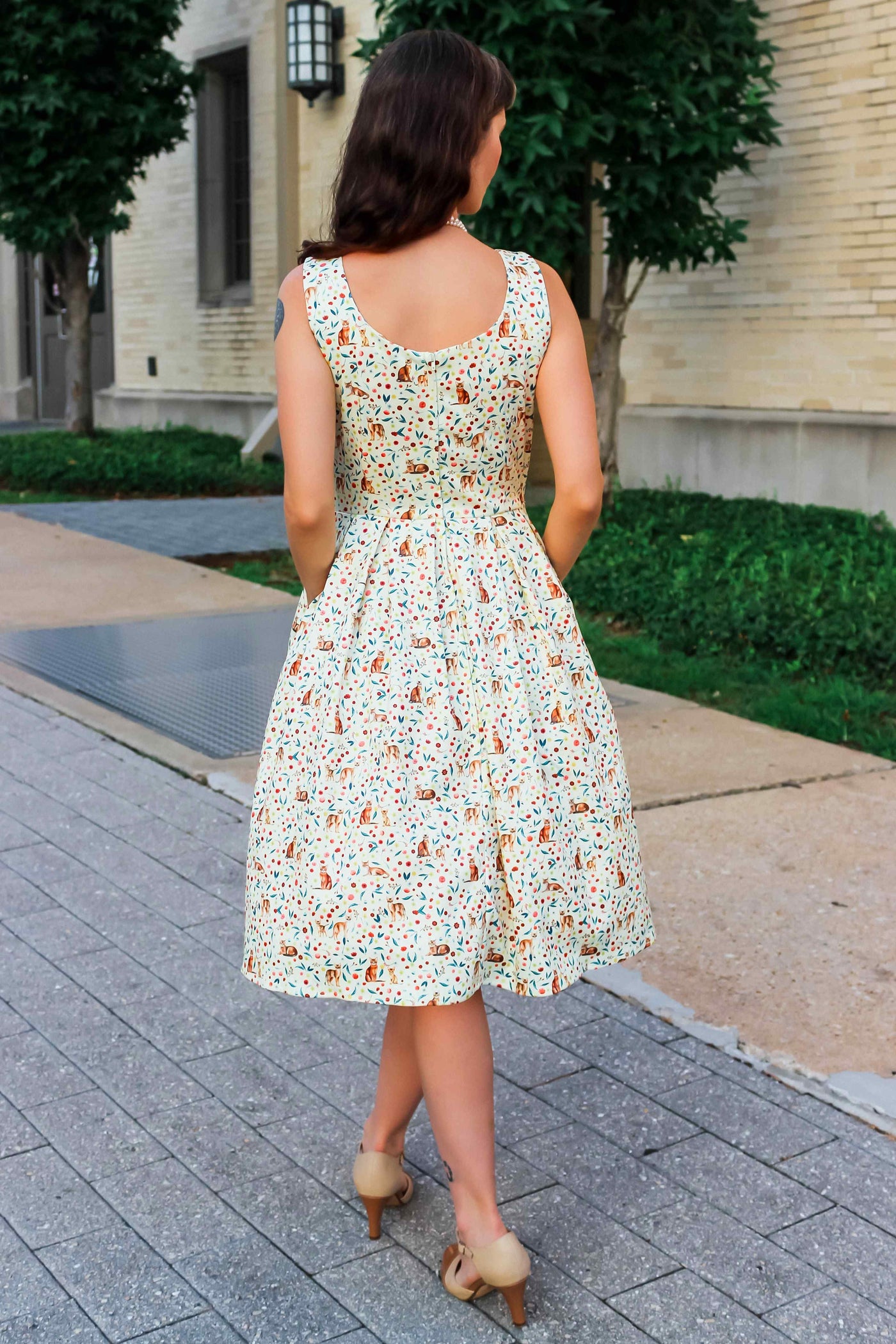 Ivory Cream Flared Dress in Cat Floral Print