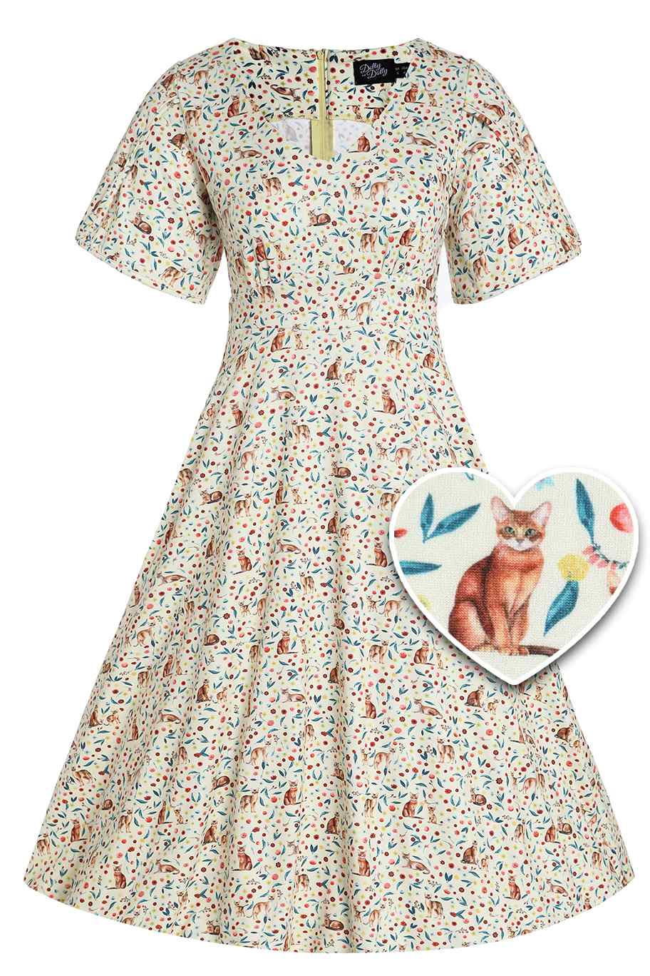 Front view of Ivory Cream Sleeved Tea Dress in Cat Floral Print