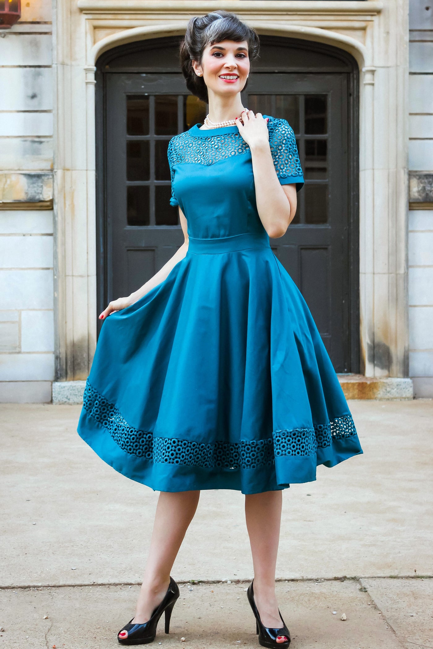 Women's Lace Sleeved Dress in Peacock Blue