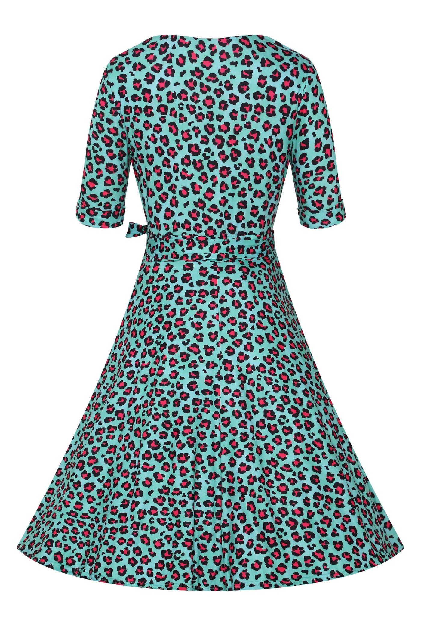 Back view of Leopard Print Wrap Dress In Green