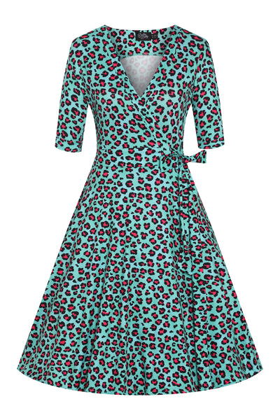 Front view of Leopard Print Wrap Dress In Green