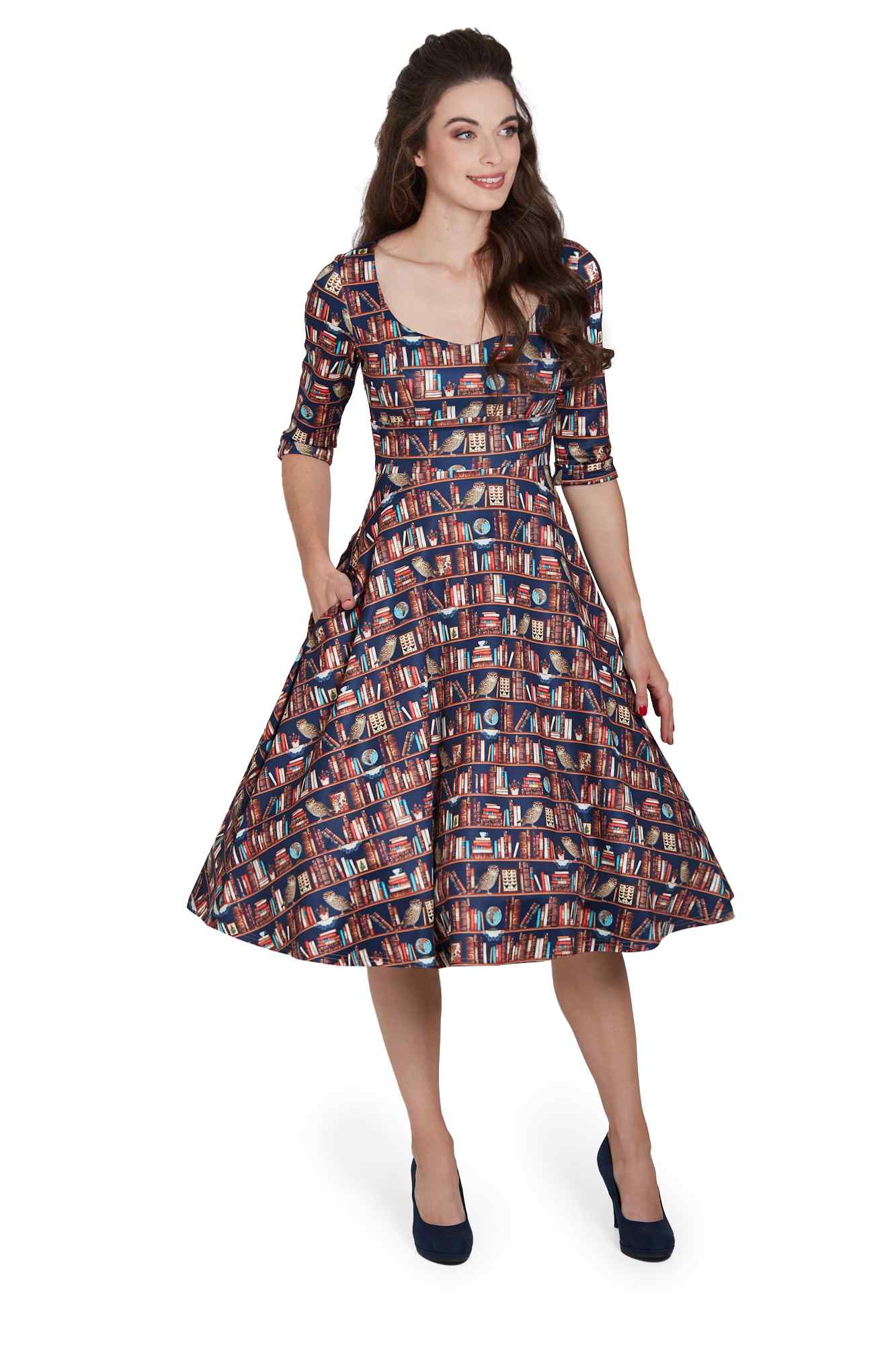 Model photo of Library Book Mid Calf Dress