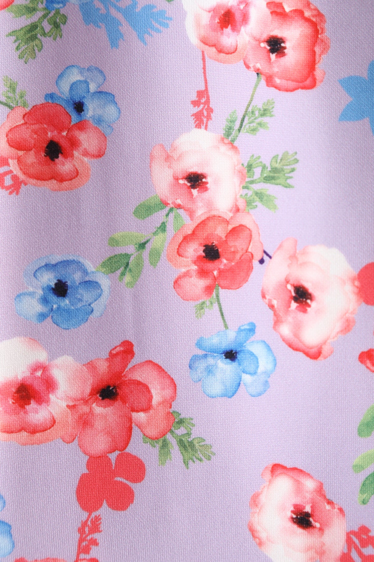 Close up view of Lilac Watercolour Floral Off Shoulder Dress