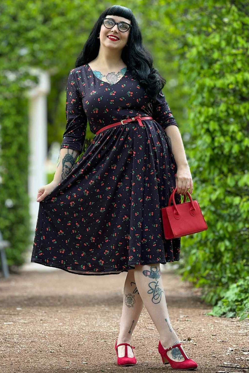 Black Long Sleeved Cherry Dress