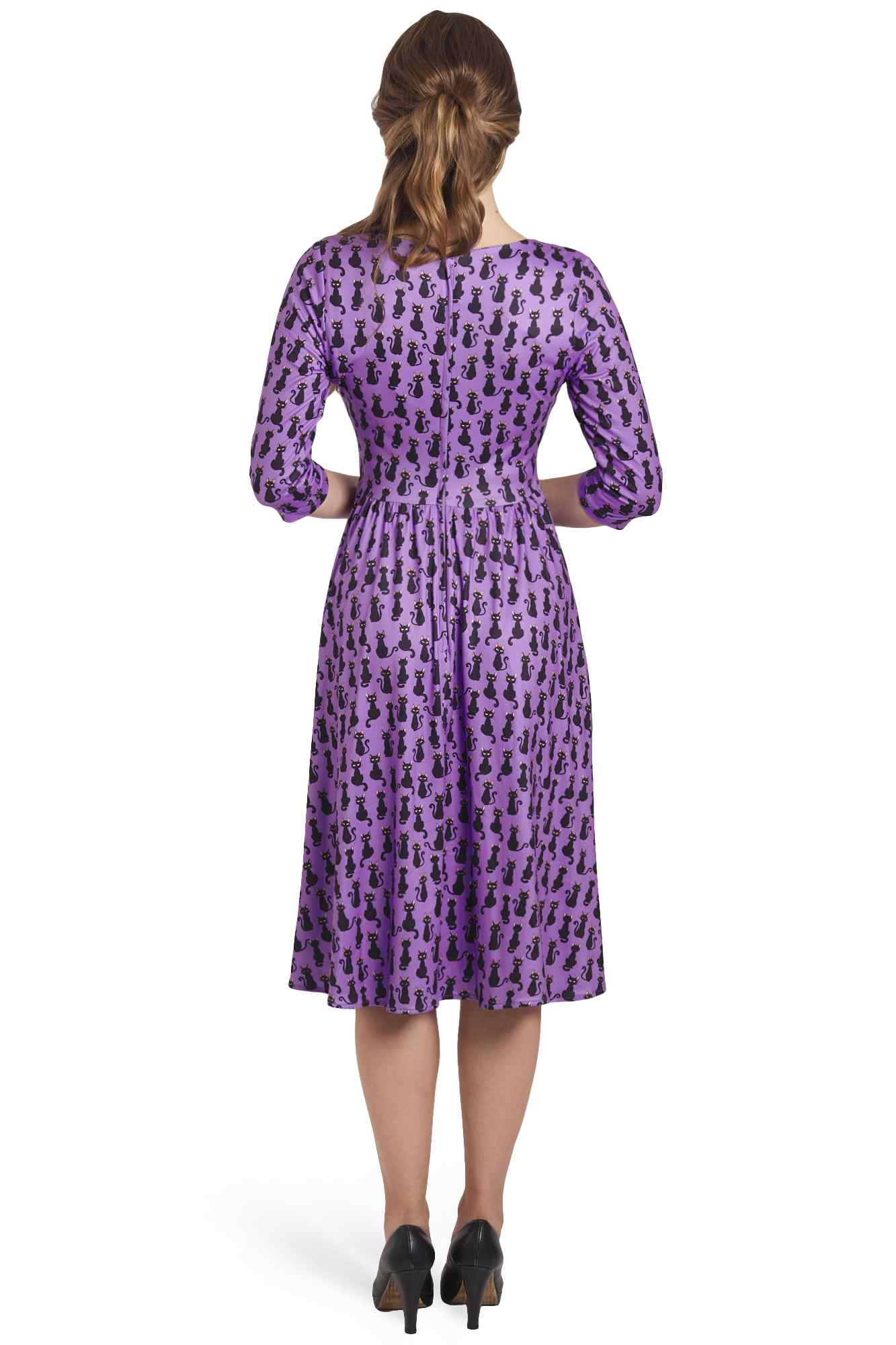 Model photos of Long Sleeved Purple Black Cat Dress