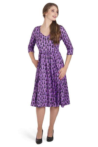 Model photos of Long Sleeved Purple Black Cat Dress