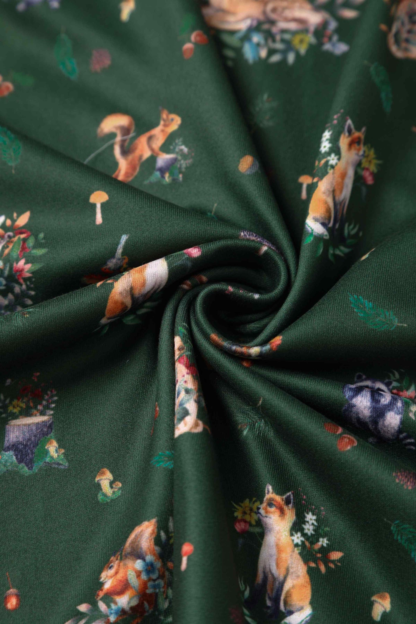 Close Up View of Lovely Woodland Fox and Owl Print Dress in Green