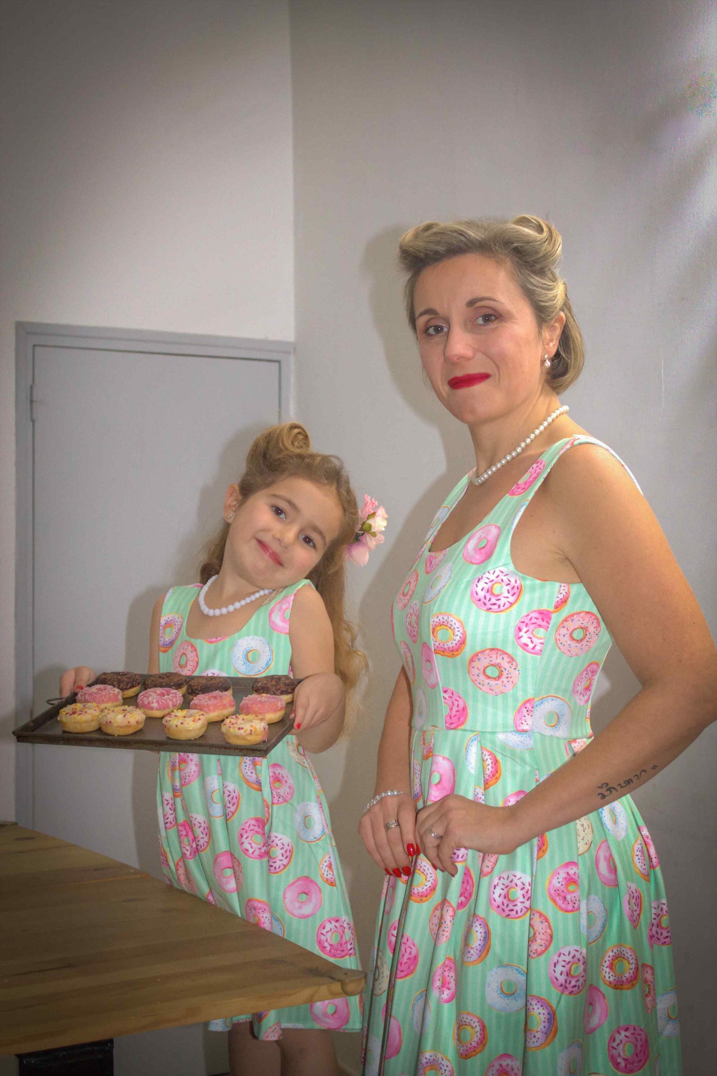 Mother and daughter wearing Mint Donut Tea Dress