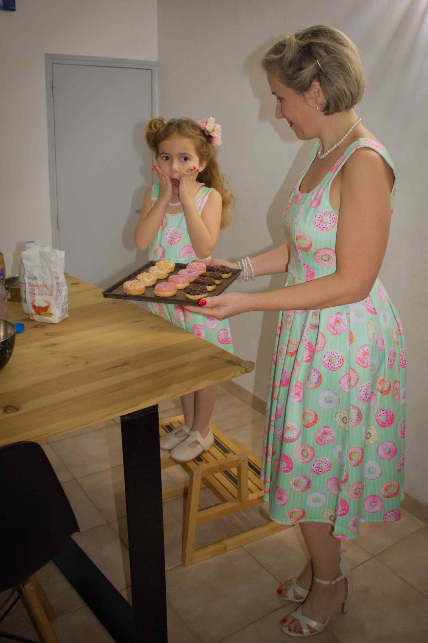 Mother and daughter wearing Mint Donut Tea Dress