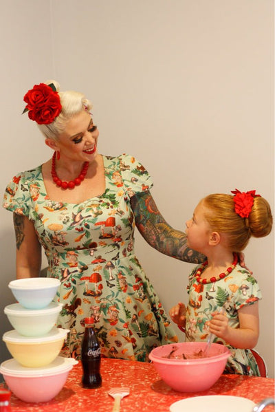 Cap Sleeved Dress in Mushroom, Squirrels Forest Print