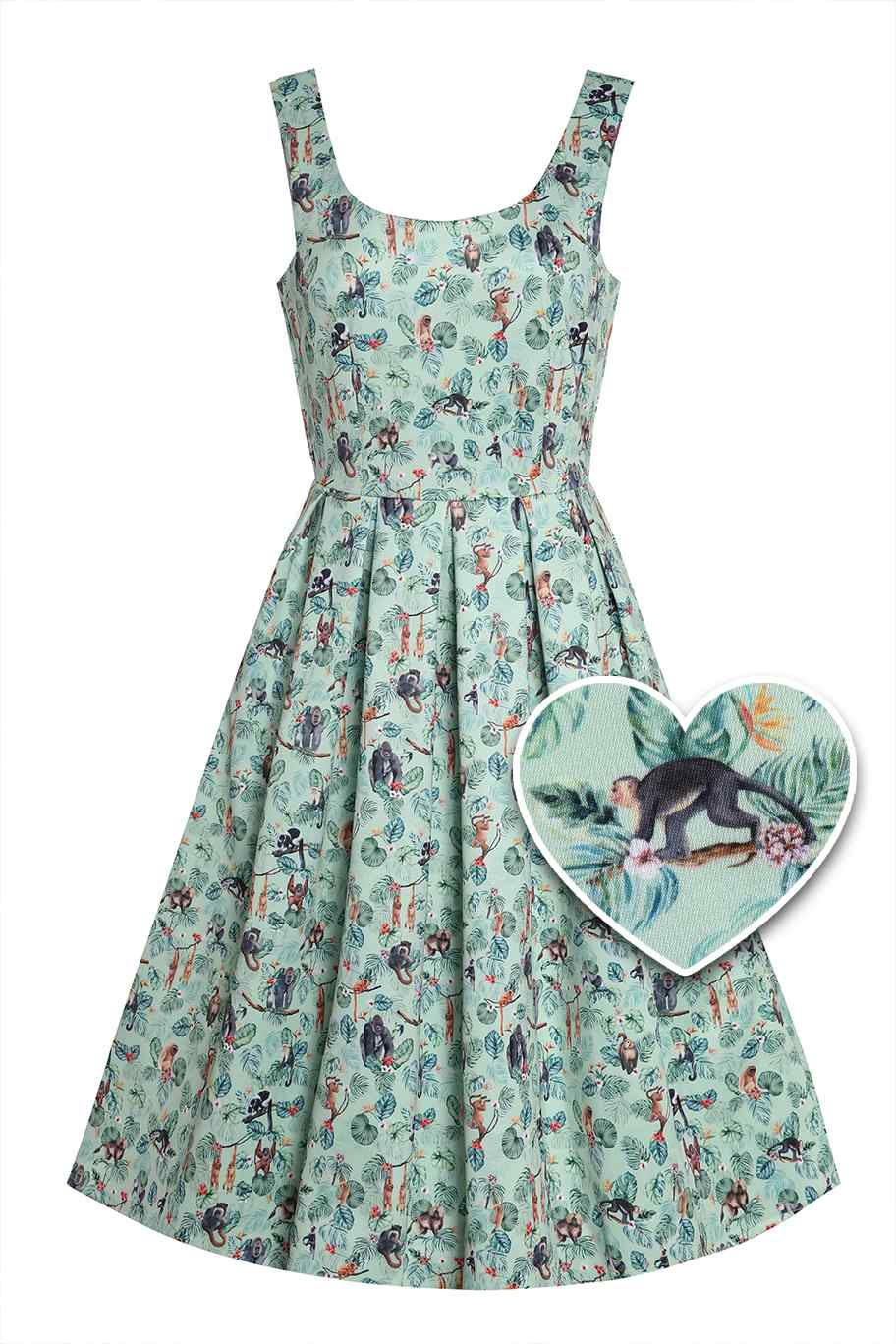 Light Green Pleated Dress in Monkey Print Success