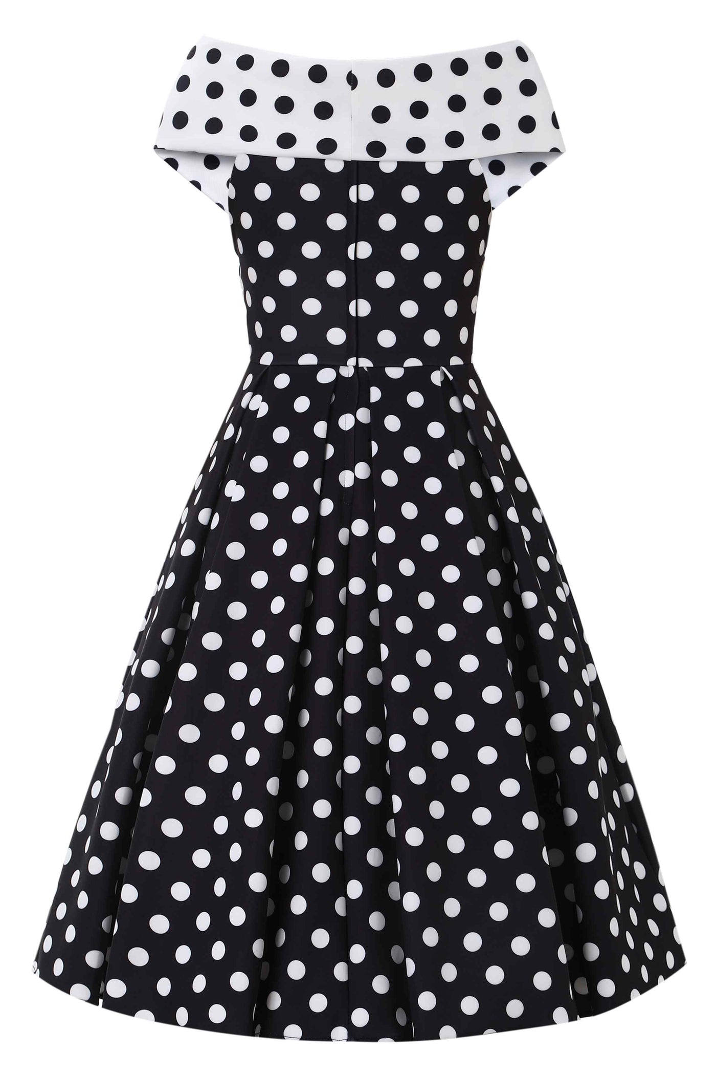 Back view of Monochrome Polka Dot Off Shoulder Dress