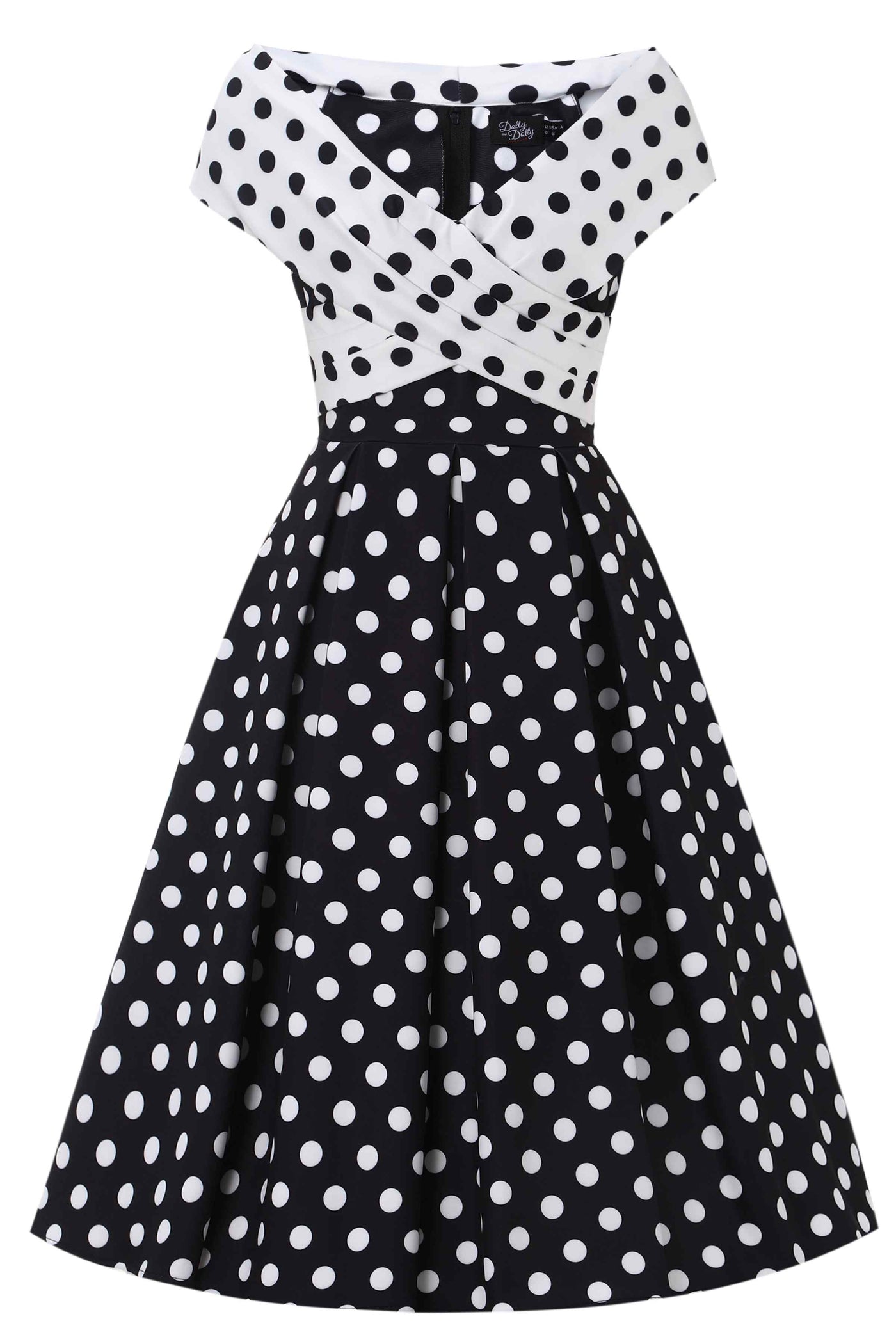 Front view of Monochrome Polka Dot Off Shoulder Dress