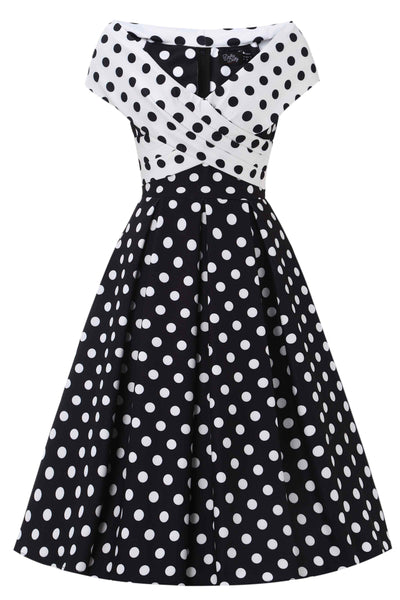 Front view of Monochrome Polka Dot Off Shoulder Dress