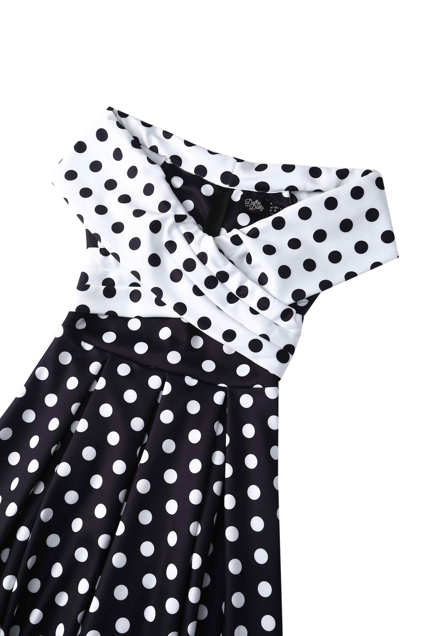 Close up view of Monochrome Polka Dot Off Shoulder Dress