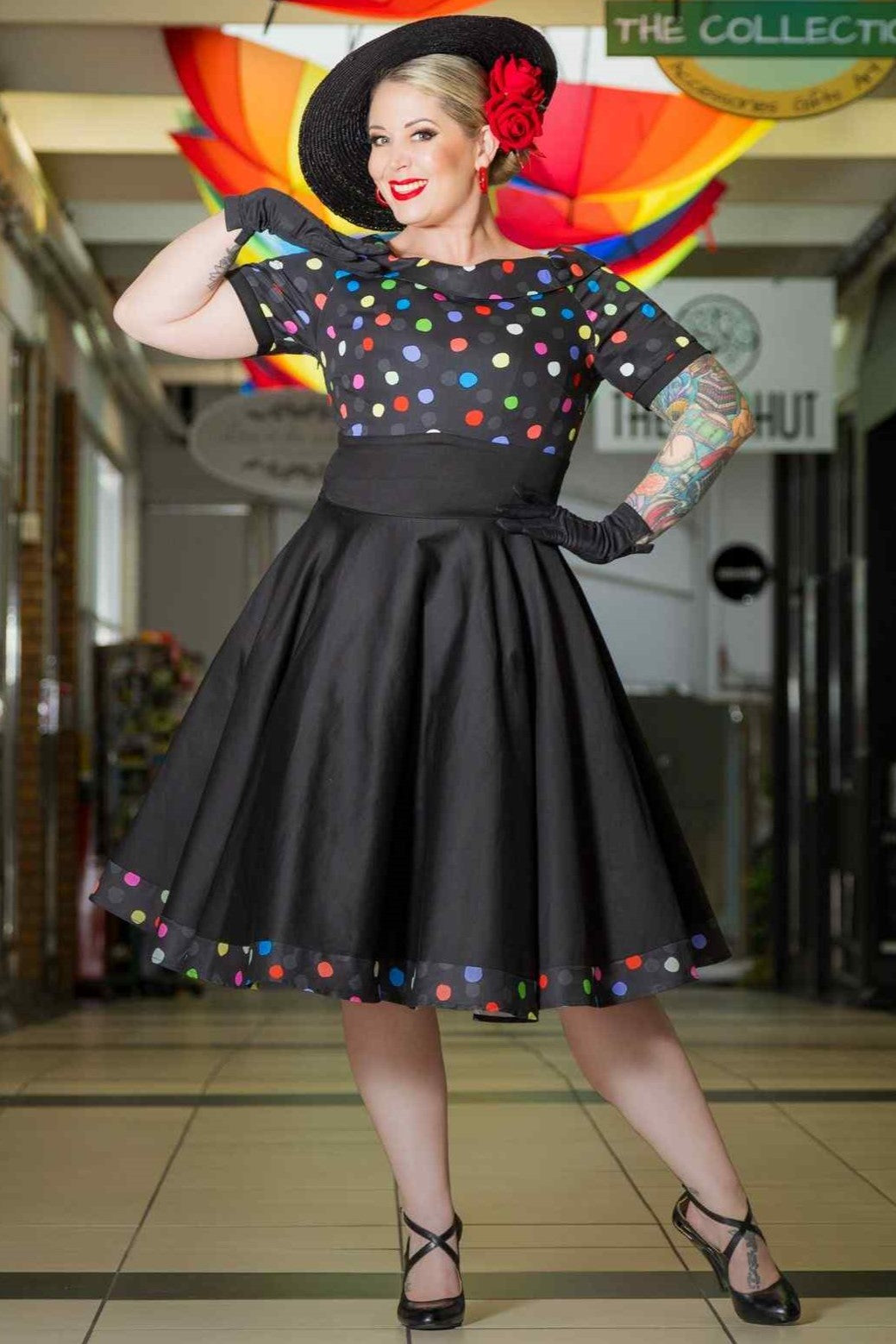 A model wearing Multicolour Polka Dot Black Circle Dress