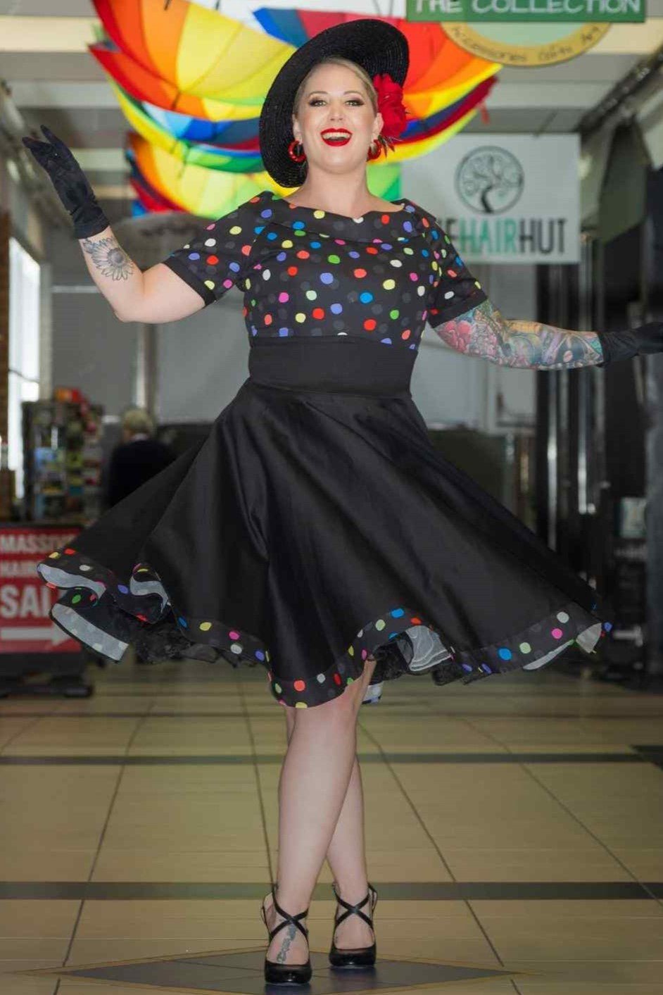 A model wearing Multicolour Polka Dot Black Circle Dress