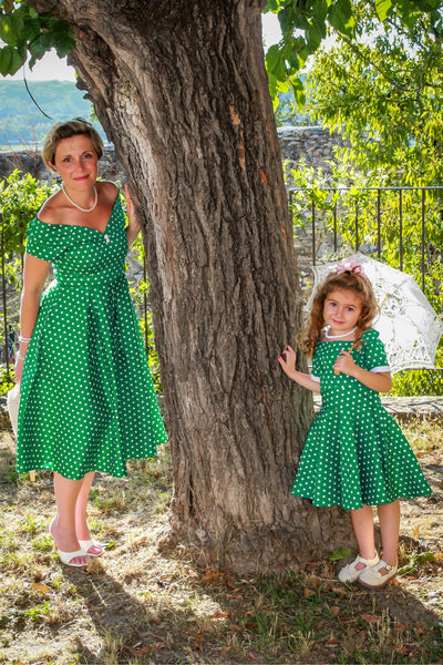 mum and daughter wearing a Green Polka Dot Dress