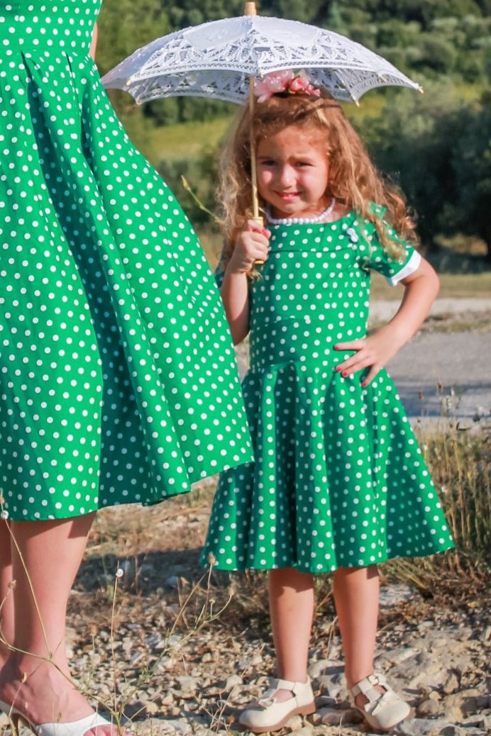 mum and daughter wearing a Green Polka Dot Dress