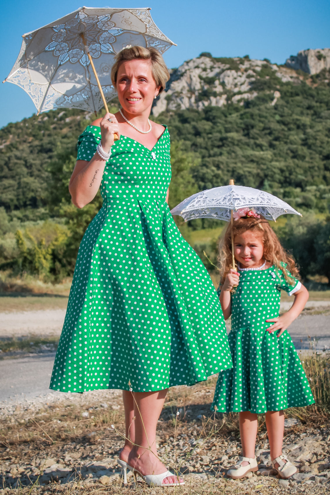 mum and daughter wearing a Green Polka Dot Dress