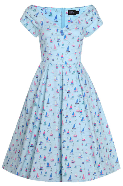 Front view of Nautical Sailboat Blue Off Shoulder Dress