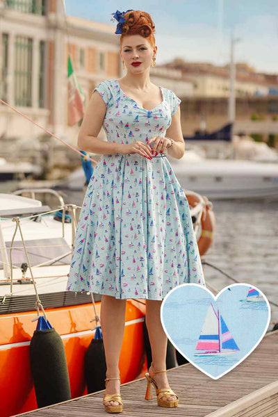 Model Front view of Nautical Sailboat Blue Off Shoulder Dress