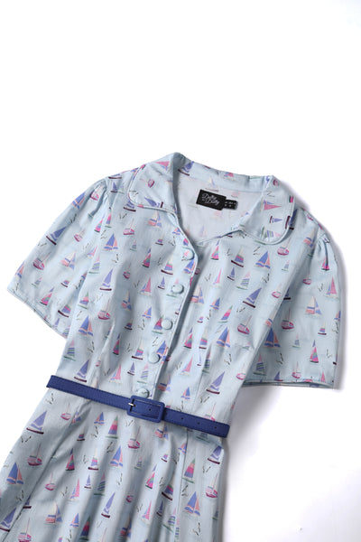 Close up view of Nautical Sailboat Shirt Dress in Light Blue