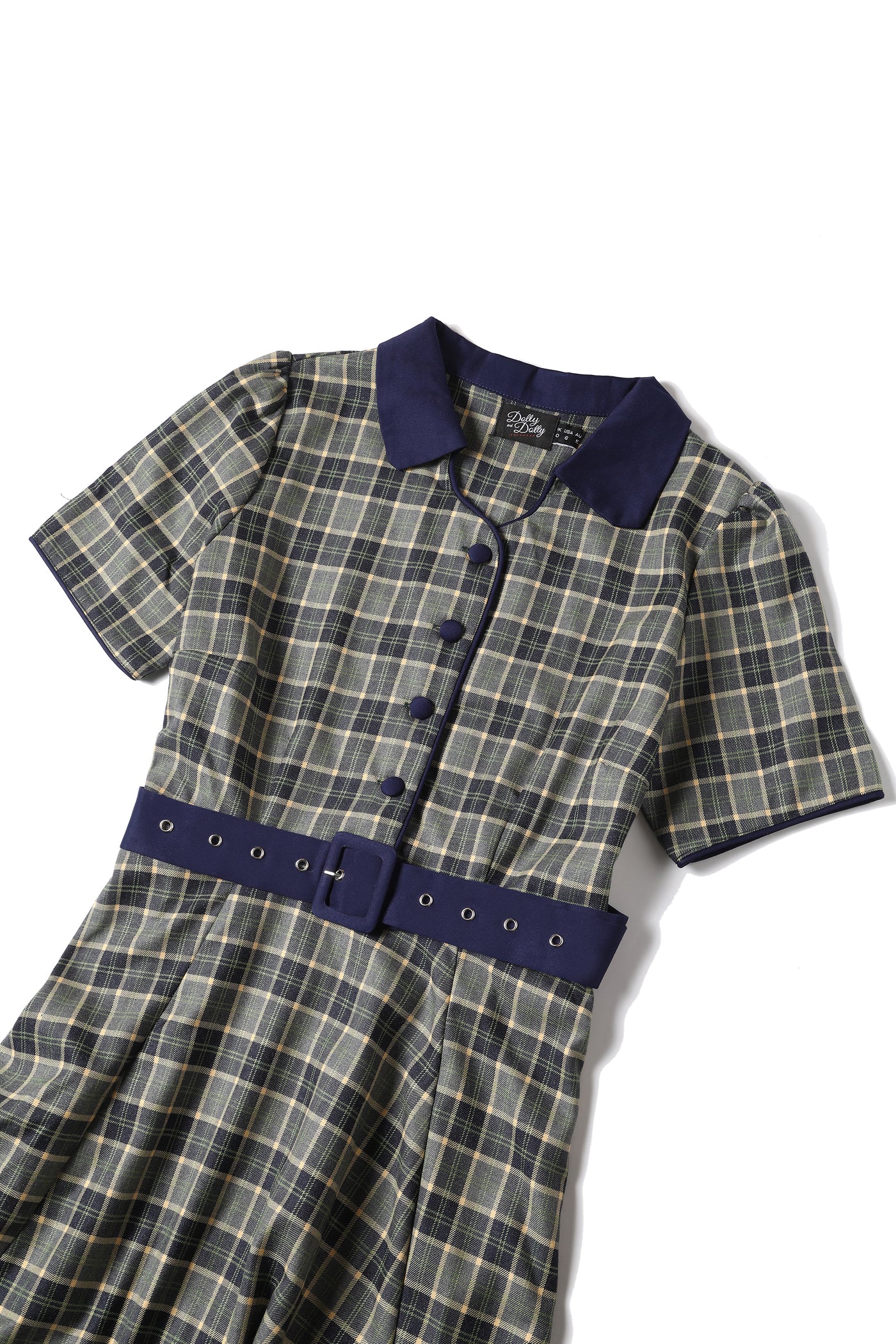 Close up view of Navy & Grey Tartan Shirt Dress