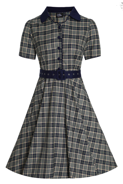 Front view of Navy & Grey Tartan Shirt Dress