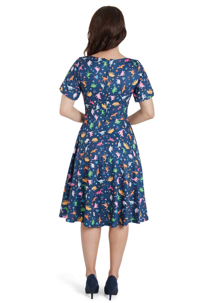 Navy Blue Dinosaur Flared Dress