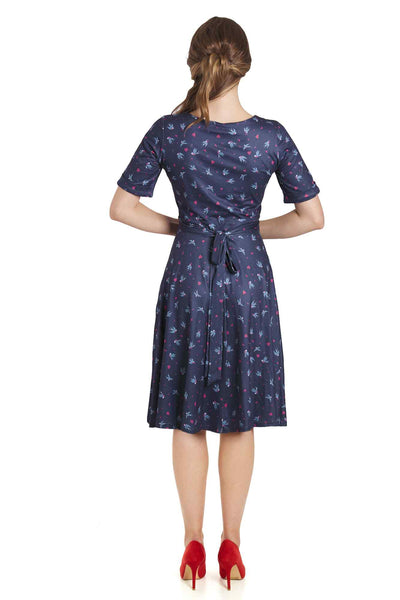 Model photo of Navy Blue Heart & Swallow Wrap Dress