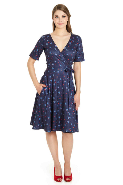 Model photo of Navy Blue Heart & Swallow Wrap Dress