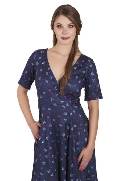 Model photo of Navy Blue Heart & Swallow Wrap Dress