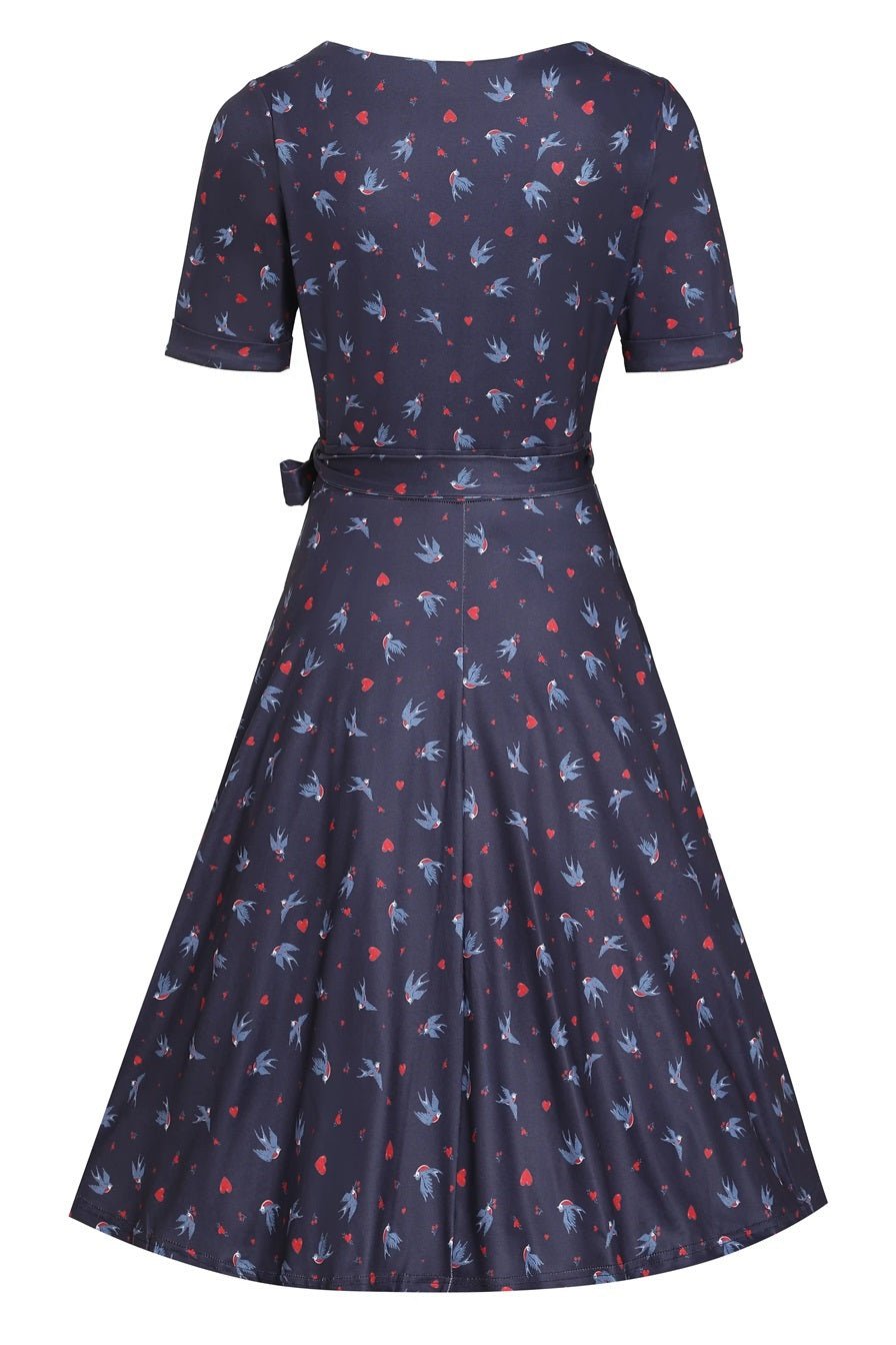 Back view of Navy Blue Heart & Swallow Wrap Dress