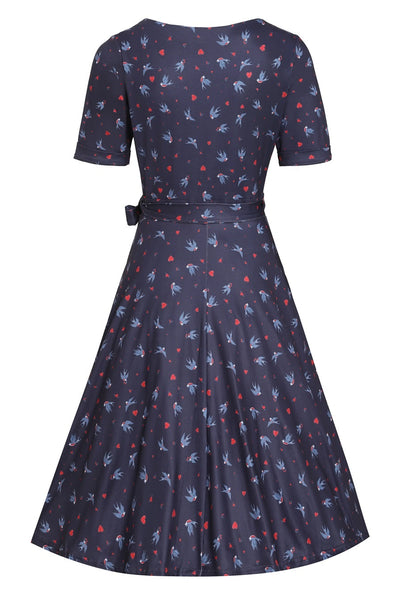 Back view of Navy Blue Heart & Swallow Wrap Dress