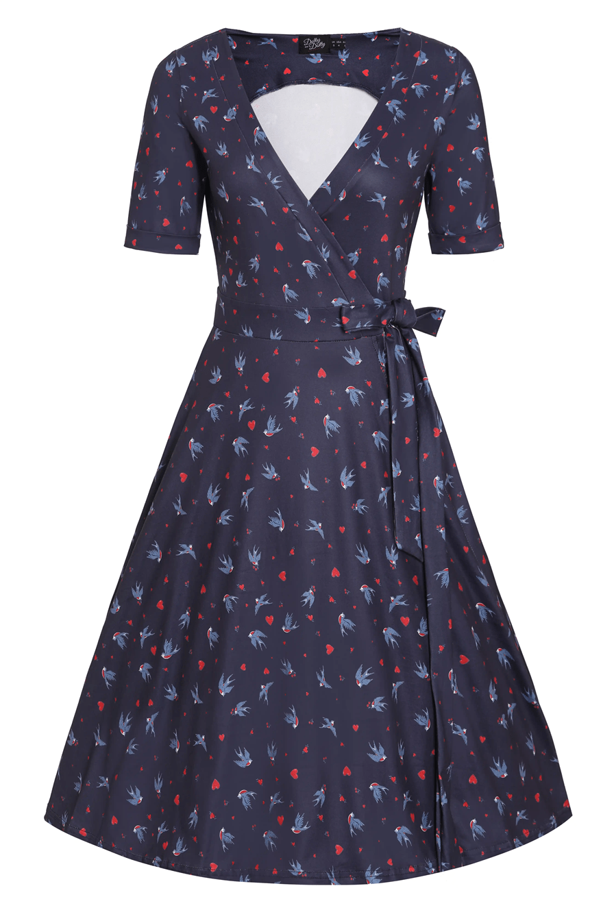 Front view of Navy Blue Heart & Swallow Wrap Dress