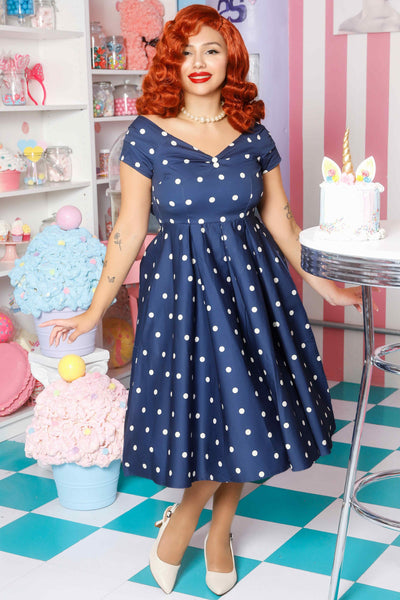 Model photo of Navy Blue Polka Dot Off Shoulder Circle Dress