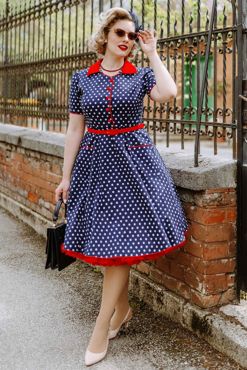 Navy and red polka dot dress hotsell