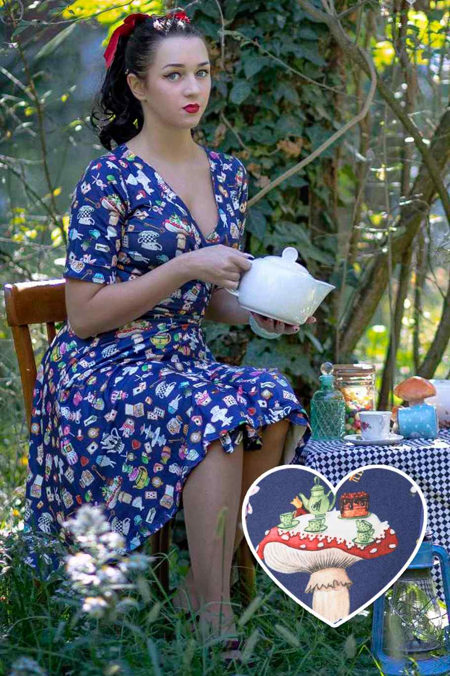 A model wearing a Navy Blue Wonderland Wrap Dress