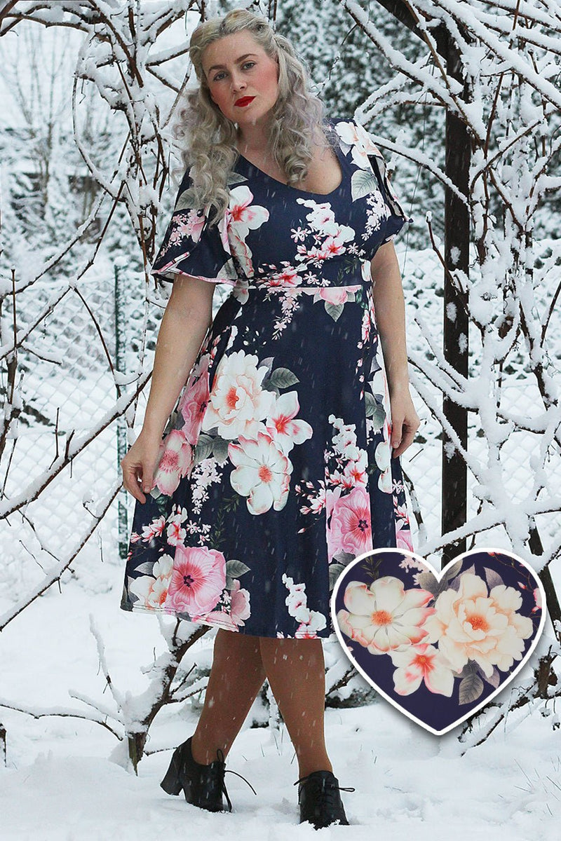 Navy Floral Petal Sleeve Dress